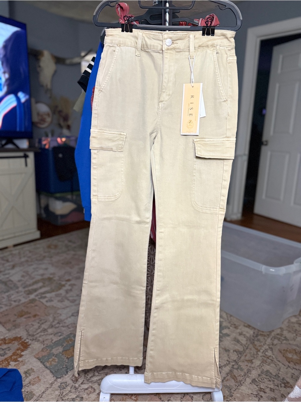 Rise Toasted Beige Wide-Leg Cargo Jeans for Women